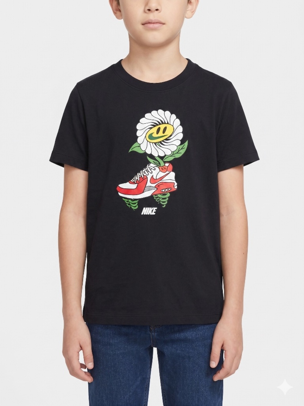 Nike Boys Black Graphic T-Shirt Air Max 90 Sneaker Flower Smiley Face Size M